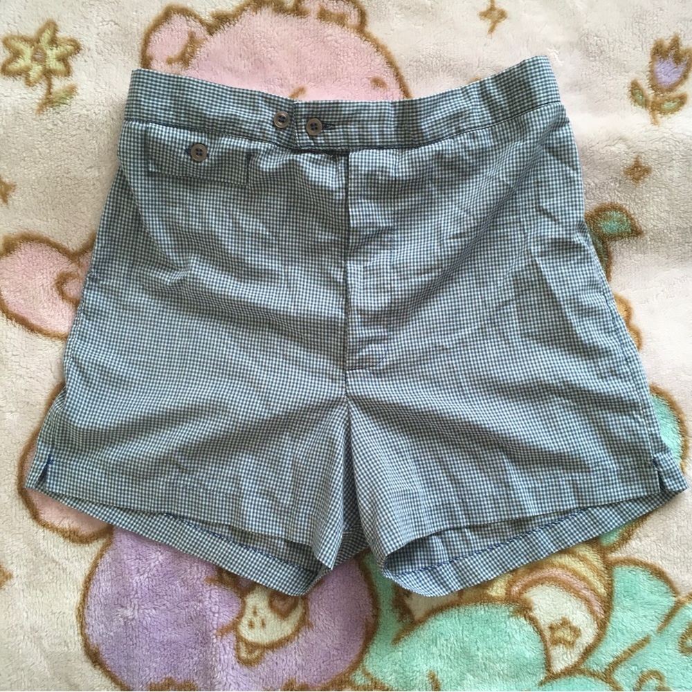Vintage Blue White Gingham High Rise Boxer Like Beach Wear Shorts